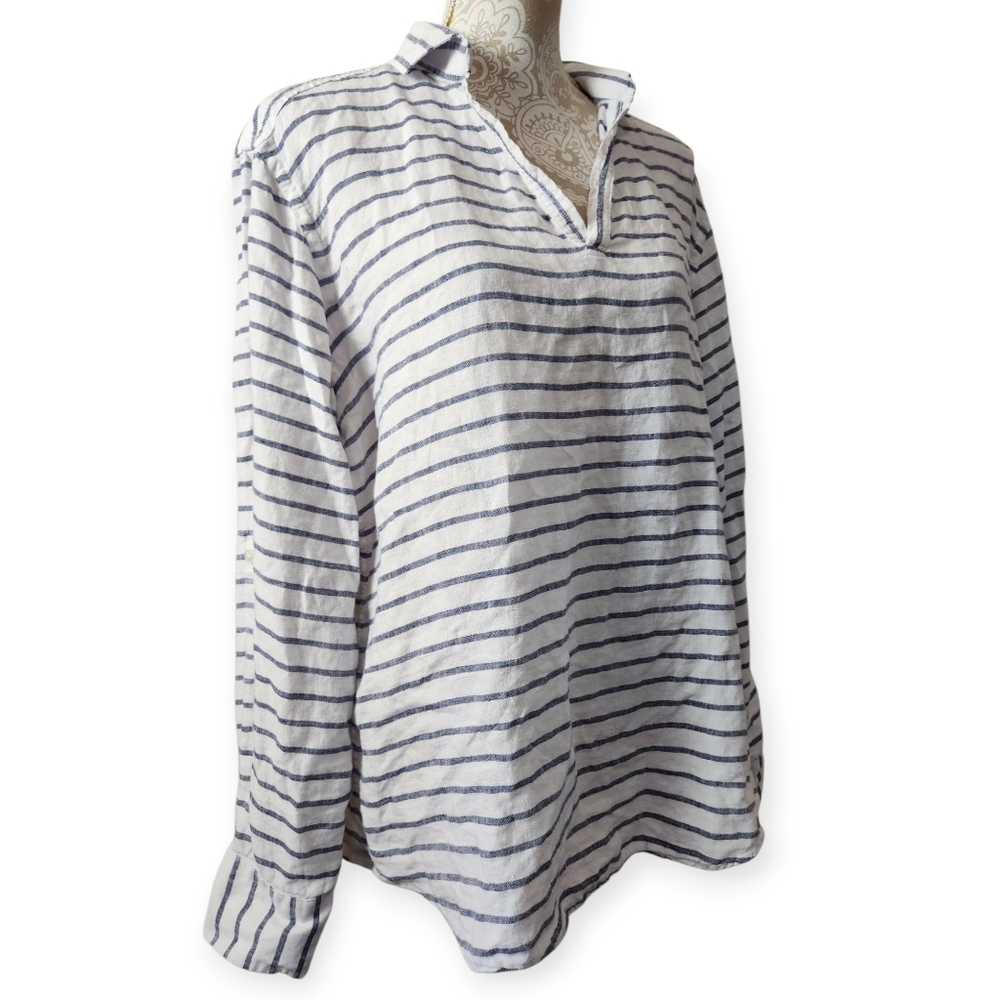 Baird McNutt Murano Blue & White Linen Beach Popover Blouse Women Size Large